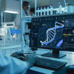 Scientist analyzing DNA on computer in laboratory