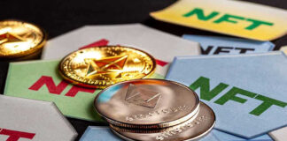 Ethereum coins on NFT cards background