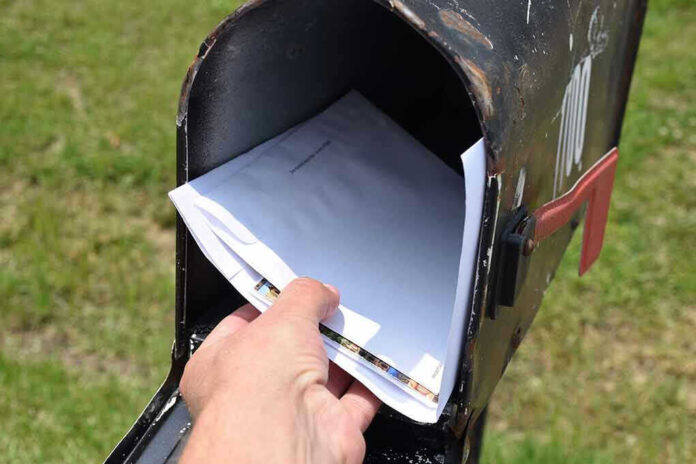Hand placing mail in a black mailbox