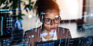 A woman analyzing data on a futuristic digital interface