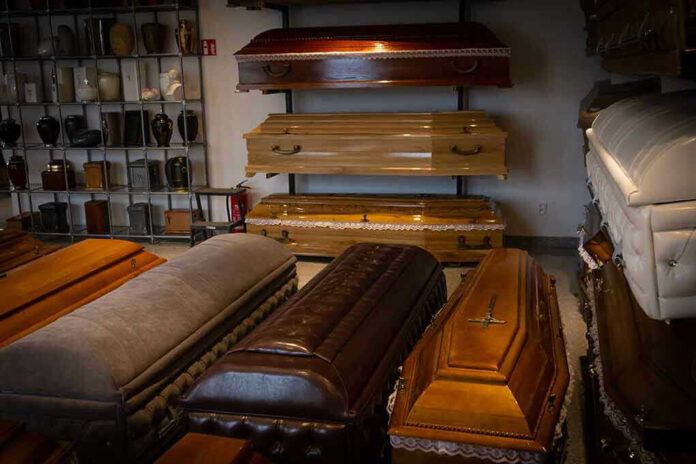 Showroom with coffins and urns.