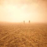 Two silhouetted figures walking in a hazy desert landscape