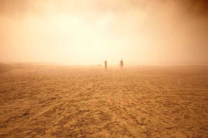Two silhouetted figures walking in a hazy desert landscape
