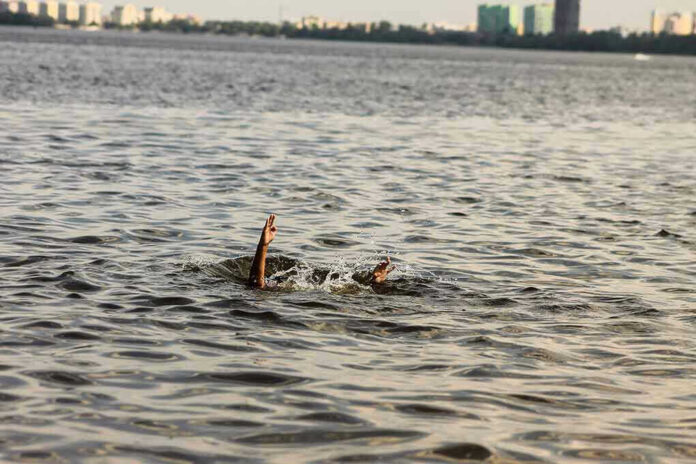 Persons hand reaching out from the water.