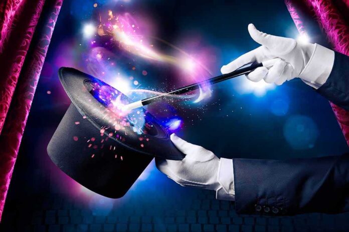 A magician performing with a top hat and wand, creating magical effects
