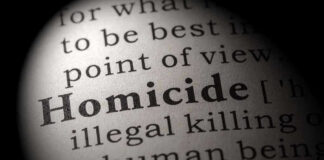 Magnified text showing definition of homicide.