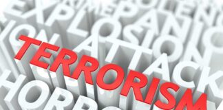 The word TERRORISM in bold red letters surrounded by related terms in white