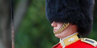 British soldier in ceremonial uniform with a black fur hat standing guard