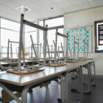 Empty classroom with chairs on top of desks.