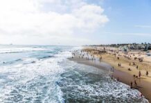 Crowded sandy beach with people by the shoreline